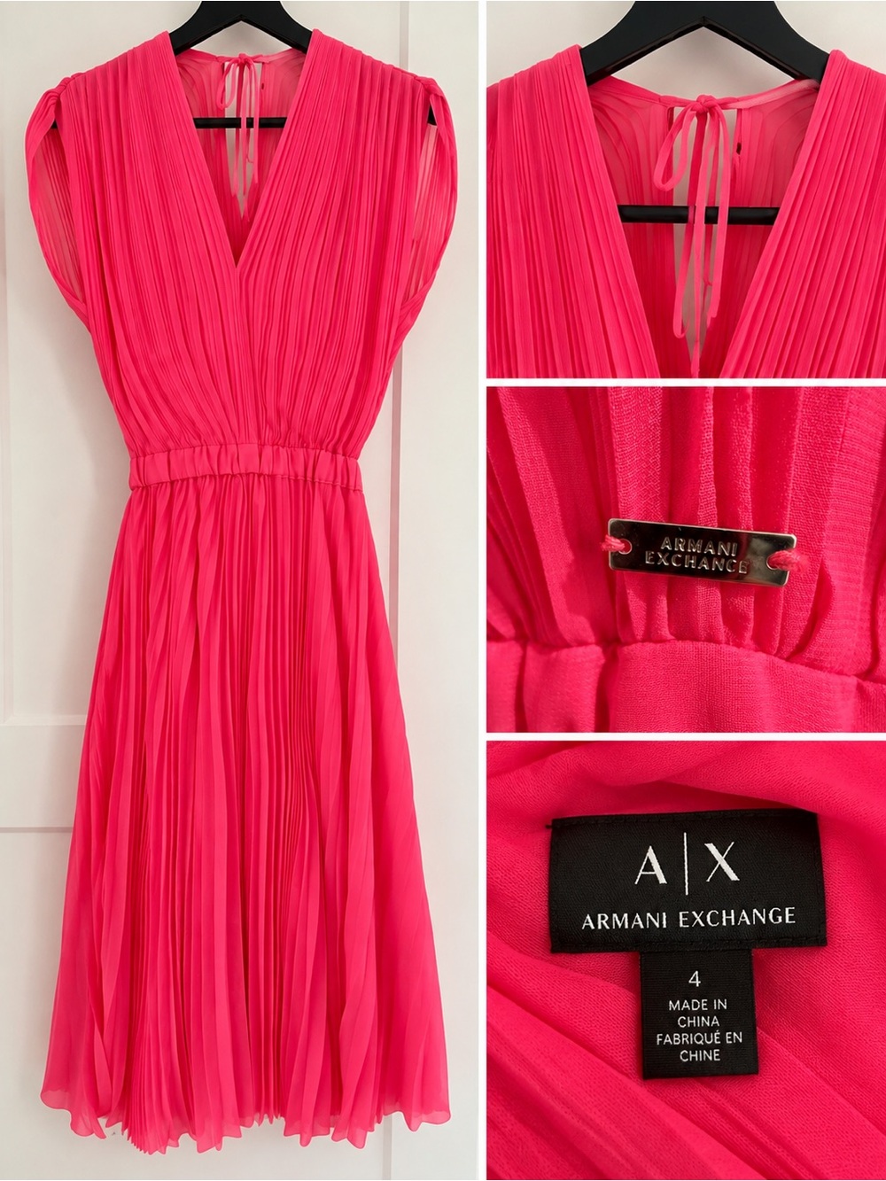 Armani Exchange Hot Pink Pleated V-Neck Midi Dress